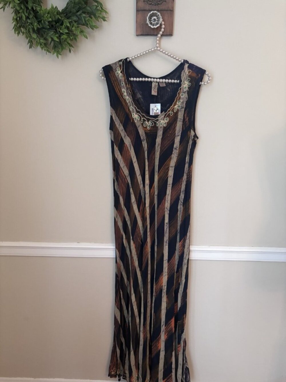 NWT India Boutique One Size Maxi Dress Sleeveless Boho Embroidered Beaded Trim
